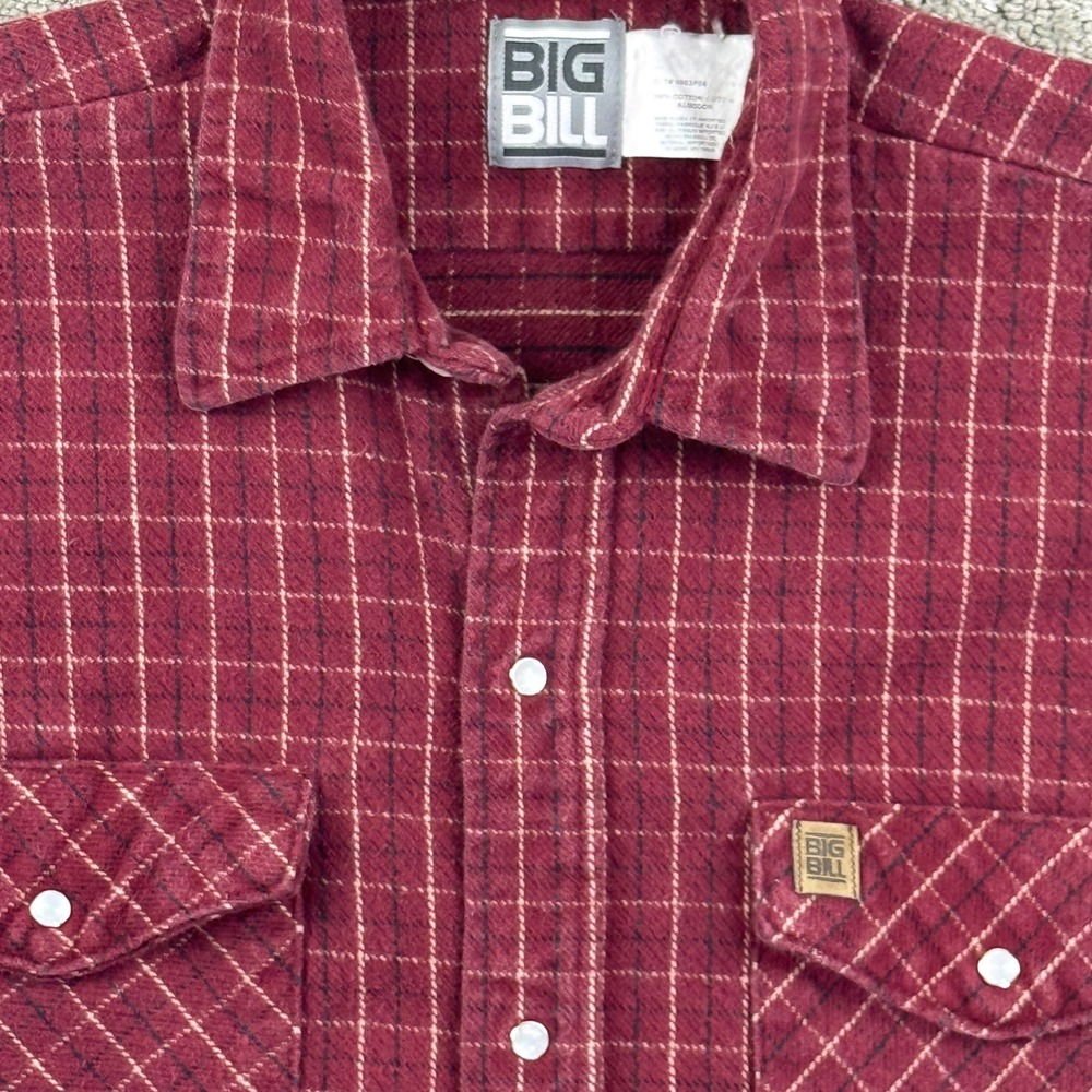 Big Bill Flannel Shirt Men Med Burgundy Grid Plaid Workwear Rugged Brawny 90s